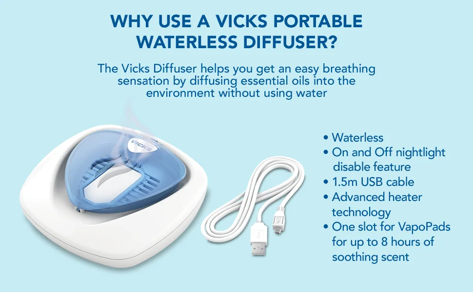 Vicks Portable Waterless Diffuser - Waterless device - USB plug-in - Easy breathing - Nightlight feature - Essential oil pads included - Travel friendly - VH1800EU USB plug - Menthol - vicks portable waterless diffuser; vicks diffuser; plug in diffuser; USB;