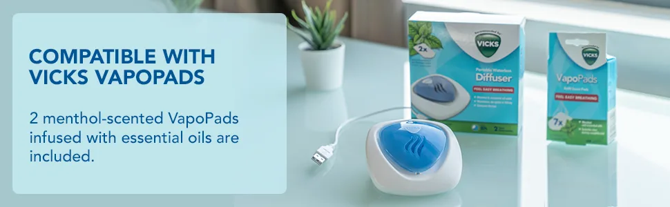 Vicks Portable Waterless Diffuser - Waterless device - USB plug-in - Easy breathing - Nightlight feature - Essential oil pads included - Travel friendly - VH1800EU USB plug - Menthol - vicks portable waterless diffuser; vicks diffuser; plug in diffuser; USB;