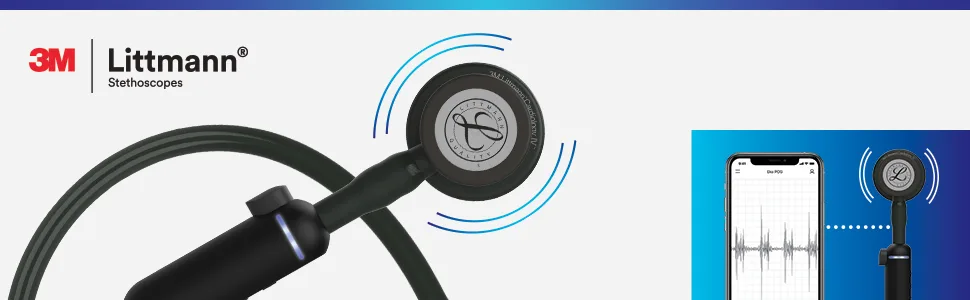 Littmann 3M CORE Digital Stethoscope Black Chestpiece Tube Stem and Headset 69 cm 8490 Black / Black Chestpiece Single - Banner image of a Littman Stethoscope. Bottom right image displays the connecting phone app.