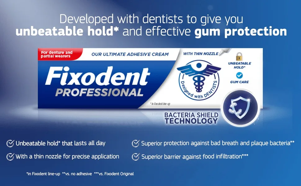 Fixodent Professional Denture Adhesive Cream 40 ml Fixdont's Best Hold & Antibacterial Action Precise Application With Super Thin Nozzle Mint - product information 2