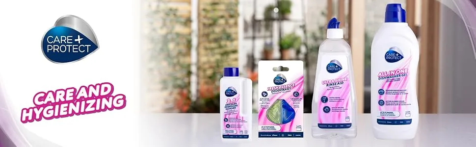 CARE+PROTECT Ultra Shine Universal Rinse Aid for Dishwasher Powerful on Stains and Halos Helps Faster Drying 500ml - Pink range