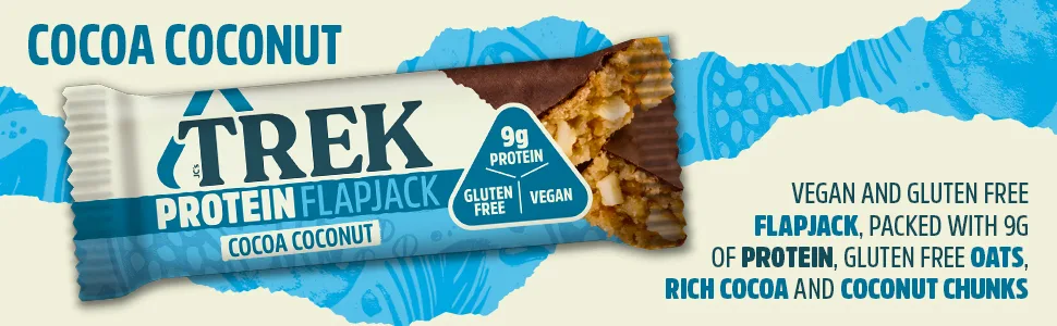 TREK High Protein Flapjack Cocoa Coconut - Gluten Free - Plant Based - Vegan Snack - 50g x 16 bars - flappy banner