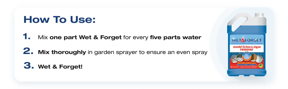 Wet & Forget Mould Lichen & Algae Remover Outdoor Cleaning Solution Black Mould Remover Bleach Free 2 Litre 2 l (Pack of 1) Single - MLA How to Use