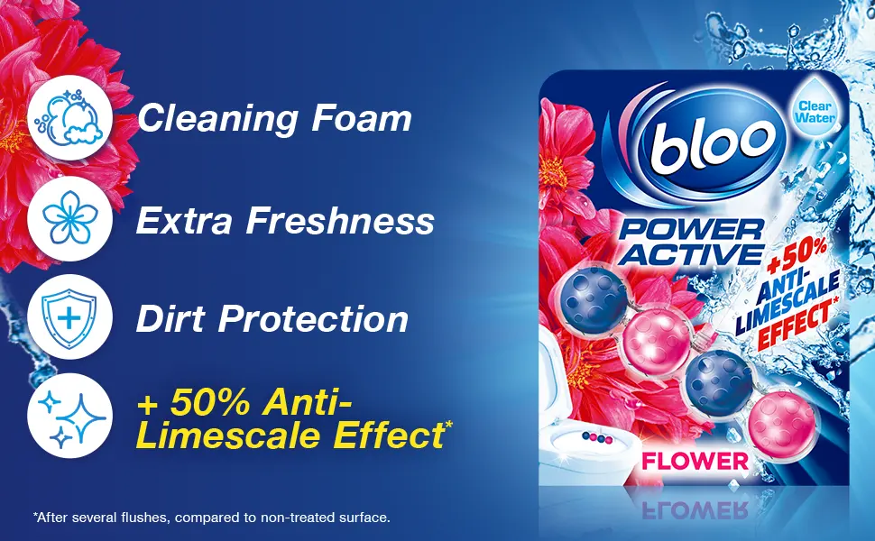 Bloo Power Active Flowers Toilet Rim Block Extra Freshness 50g 1 Count (Pack of 1) - benefits