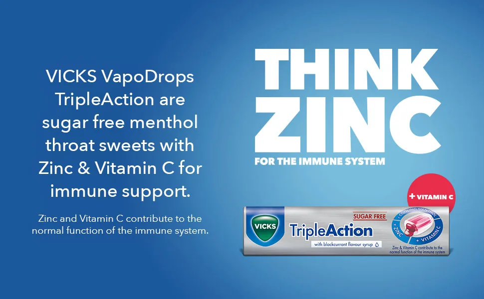 Vicks VapoDrops TripleAction Sugar Free Lozenges with Menthol Zinc and Vitamin C - 42g - product information 2