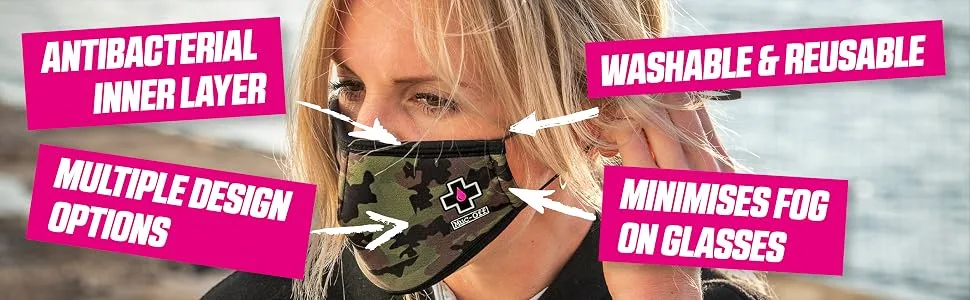 Muc-Off 20272 Camo Reusable Face Mask Small - Adjustable Face Covering With Mid-Layer Filter - Washable Up To 20 Times Camo S (Pack of 1) - Face Masks USP