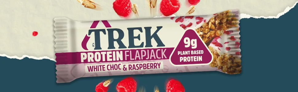 TREK High Protein Flapjack White Chocolate Raspberry - Gluten Free - Plant Based - Vegan Snack - 50g x 36 bars White Chocolate & Raspberry - Trek White Chocolate and Raspberry Protein Oat Flapjack