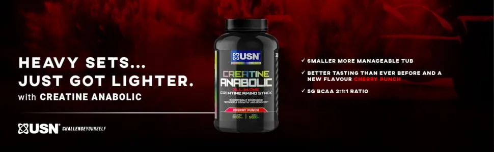 USN Creatine Anabolic all in One Creatine Amino Muscle Building Stack Cherry 900 g (Pack of 1) Cherry 20 Servings (Pack of 1) - Creatine Anabolic