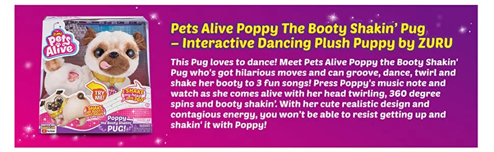 Pets Alive Poppy The Booty Shakin Pug Interactive Dancing Plush Puppy by ZURU - Pets Alive Pug