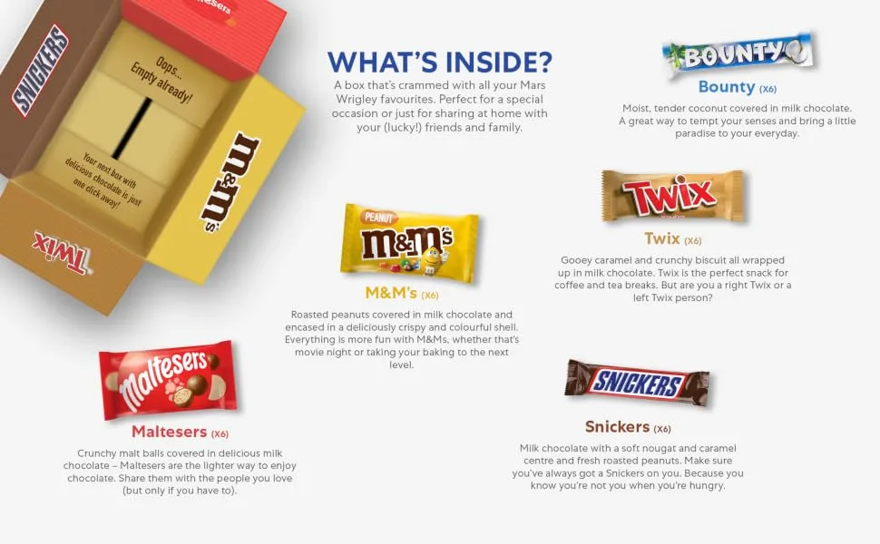 M&M's Snickers & More Mixed Chocolate Bar Variety Bulk Box Chocolate Gift 30 Bars 1.4kg Variety Box - Variety Pack