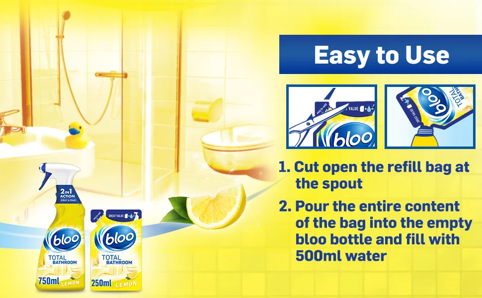 Bloo Total Bathroom Refill Lemon Easy to Refill Removes Limescale and Dirt 250 ml 250 ml (Pack of 1) Lemon - Easy to Use