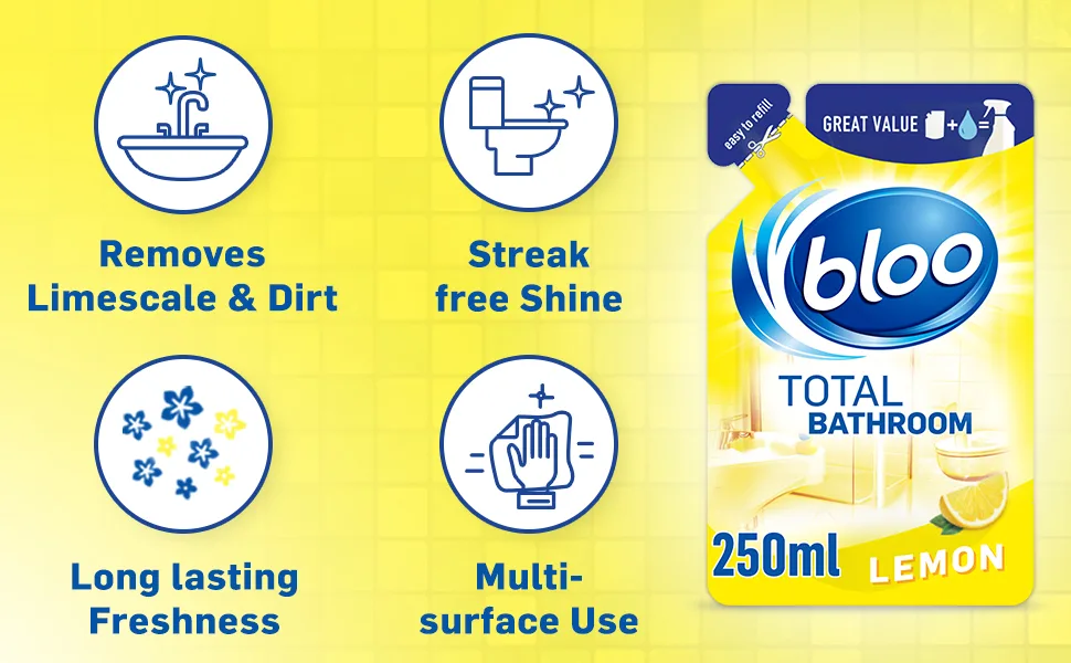 Bloo Total Bathroom Refill Lemon Easy to Refill Removes Limescale and Dirt 250 ml 250 ml (Pack of 1) Lemon - USPs