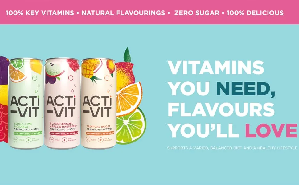 Acti-Vit Sparkling Flavoured Vitamin Water Cans with B Vitamins B5 B6 B9 B12 Vitamin C Vitamin D Zinc & Magnesium Zero Sugar 12x 330ml Blackcurrant Apple & Raspberry Flavour Blackcurrant Apple & Raspberry - activit vitamin water