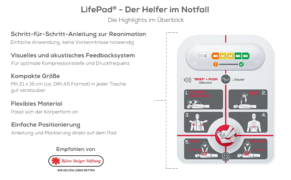 Beurer LifePad Resuscitation Aid Guides Through Resuscitation Measures Specifying Optimal Compression Frequency and Compression Pressure Aid for Correct Positioning - Beurer LifePad RH 112