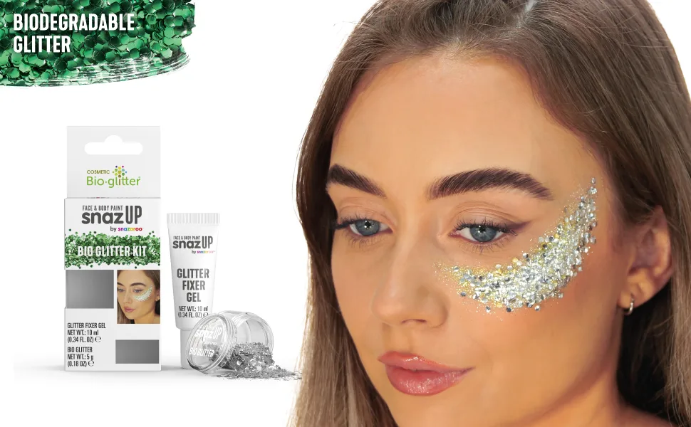 Snazaroo Bio Glitter Kit Face and Body Paint Biodegradable Gliter Pink Colour 5g + Fixer - bio glitter kit, face to right with glitter on cheek
