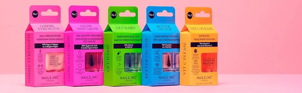 Nails.INC Better On Top Quick-Drying Top Coat 14ml - five treatments against a pink background