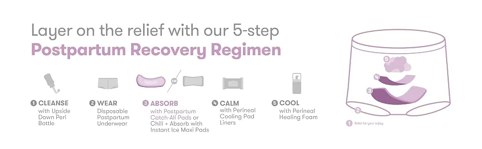 Frida Mom Postpartum Maternity Catch-All Pads for Maximum Absorbency - 18 ct - layer on the relief with our 5 step regimen
