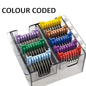 Wahl Stainless Steel Comb Set Coloured Attachment Combs For Wahl Arco Belisima Bravura and Chromstyle Clipper and Trimmer Accessories Storage Caddy Multi - COLOUR CODED COMBS