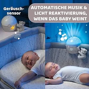 Chicco Next2Stars Baby Night Light Neutral | Star Light Projector for Cots and Cribs Sound Sensor 3 Light Effects and Music Beige - Chico