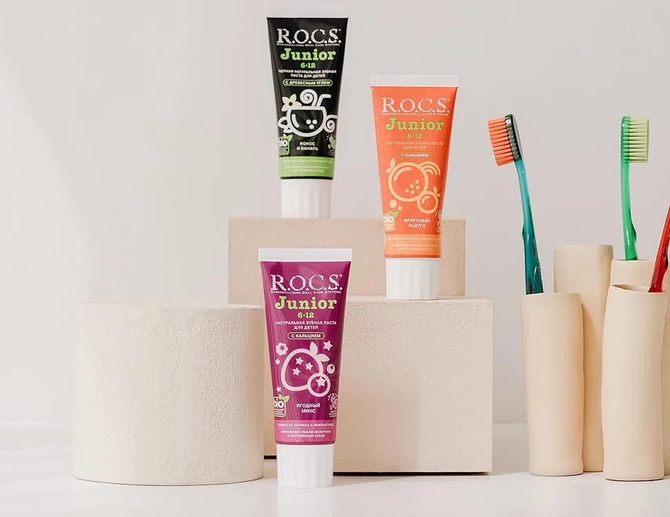 R.O.C.S. (ROCS) Toothpaste Junior (6-12 y.o.) Fruity Rainbow 74 g - Fluoride Free - Safe Formula - Safe if Swallowed - Protection Against Caries - Remineralization - Protection for Permanent Teeth - rocs junior