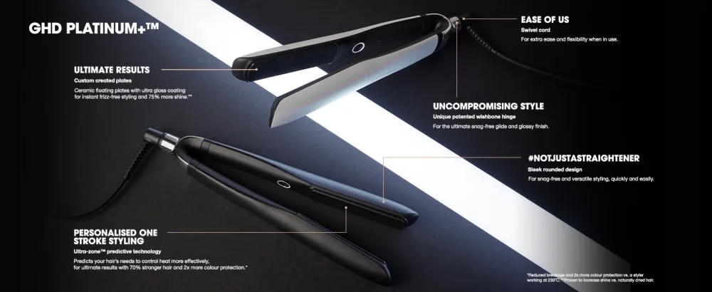 ghd Platinum+ Styler - Professional Smart Hair Straighteners Wishbone Hinge Ultra Gloss Plates Single White - PLAT+