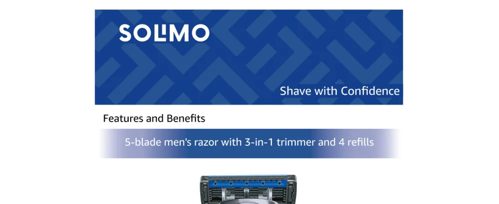 Amazon Brand - Solimo Men's 5 Blade Razor with 3-in-1 Trimmer and 4 Blades 5 Piece Set - product information 1