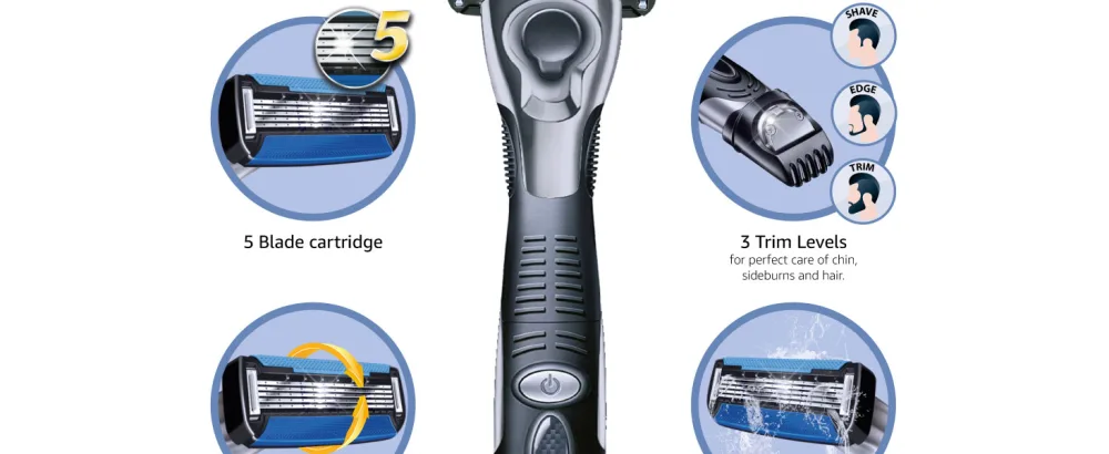 Amazon Brand - Solimo Men's 5 Blade Razor with 3-in-1 Trimmer and 4 Blades 5 Piece Set - product information 2
