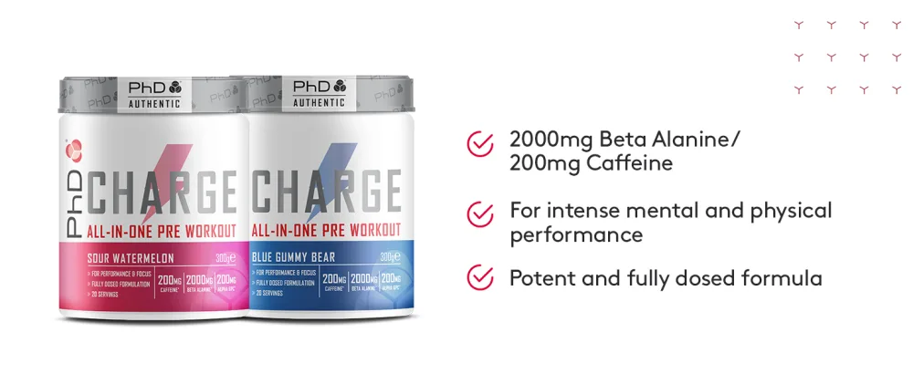 PhD Authentic Charge All-in-One Pre Workout with Creatine Performance and Focus High Caffeine Sherbert Lemon Flavour 20 Servings Per 300g Bottle - product information 2