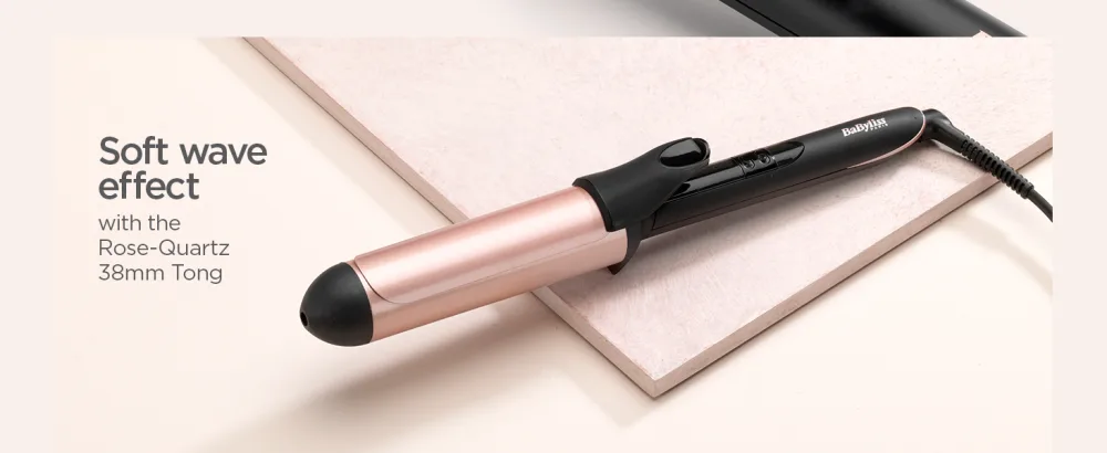BaByliss Rose-Quartz Tong, 38 millimeters - Hair Curler for Natural Waves and Curls, Ceramic, 6 Heat Settings, Pink & Black, 2453U - soft wave effect
