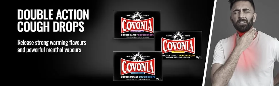 Covonia Double Impact Cough Drops Original 51g Extra Strong warming flavour and menthol vapour - Cough Drops; Cough Banners