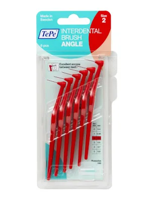 TePe Angle Red Interdental Brushes (0.5mm - Size 2) / Easy and simple interspace cleaning with long handle and angled neck / 1 x 6 brushes 6 Count (Pack of 1) Single size pack - tepe idb brush