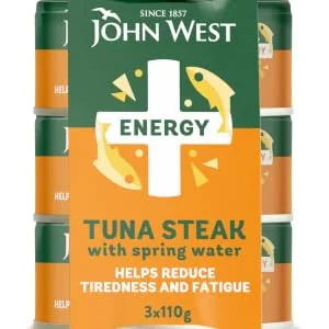 John West Energy No Drain Tuna Steak with Spring Water 3 X 110 g. With added Vitamin B6 and B12 - Energy