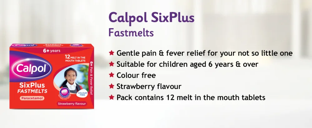 Calpol SixPlus Fastmelts Paracetamol Medication Strawberry Flavour for 6+ Years (12 Tablets) Colour and Sugar-Free - calpol sixlus fastmelts