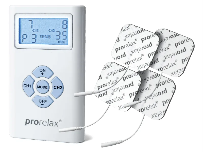prorelax TENS/EMS Duo | Electrostimulation device | 2 therapies with one device | Natural therapy against chronic pain and for muscle building - prorelax TENS/EMS Duo product image with electrodes