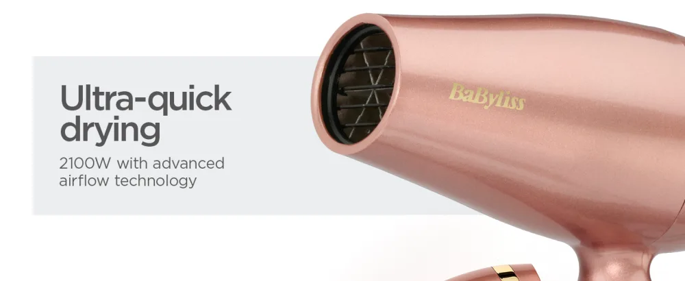 BaByliss Elegance 2100W Hair Dryer Ionic Lightweight Smooth Fast Drying Cool shot 5336U Rose Gold - Ultra-quick drying 2100W with advanced airflow technology