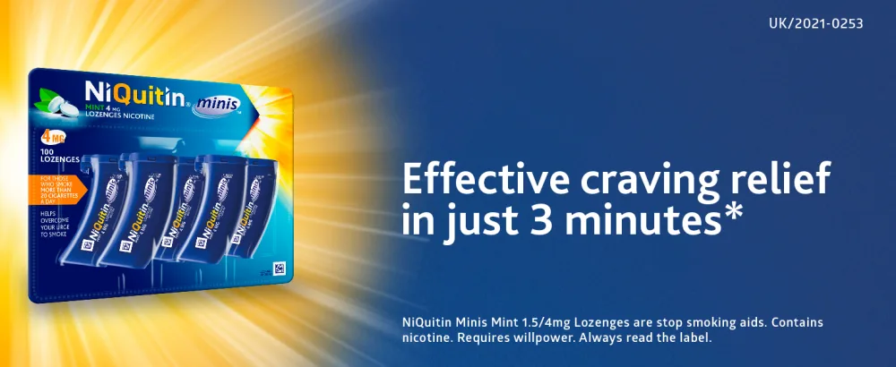 NiQuitin Minis Mint 4 mg Lozenges - Effective Smoking Craving Relief - Practical Pocket-Sized Container - 100 Mini Lozenges - Fast Acting Relief - Reduce and Quit Smoking Aid - NiQuitin Minis with effective craving relief in just 3 minutes