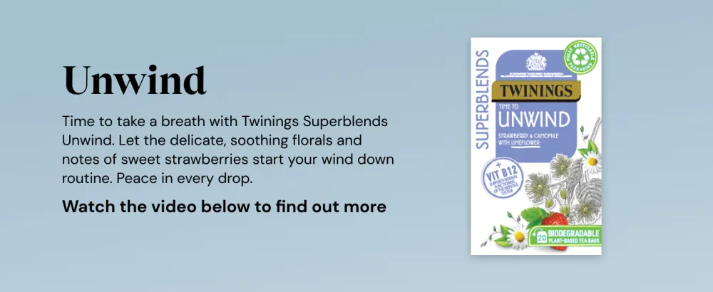 Twinings Superblends Unwind Tea - Strawberry Herbal Tea Infusion with Camomile Lemon Balm Limeflower & Vitamin B12 80 Biodegradable Tea Bags - aasas