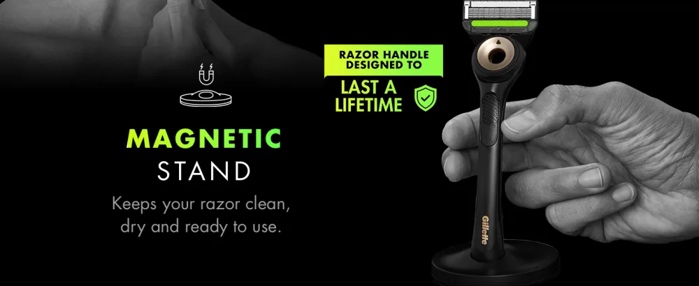 GilletteLabs Men's Razor + 2 Razor Blade Refills with Exfoliating Bar Gift for Men Includes Premium Magnetic Stand Shave Gel and Pocket Mirror - magnetic stand
