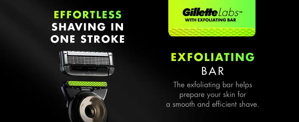 GilletteLabs Men's Razor + 2 Razor Blade Refills with Exfoliating Bar Gift for Men Includes Premium Magnetic Stand Shave Gel and Pocket Mirror - Razor head hovering above GilletteLabs Razor that shaves effortlessly in one stroke.