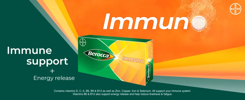 Berocca Immuno Effervescent Tablets 11 Vitamins and Minerals Including Vitamins D C A B9 Zinc and Iron to Help Support Your Immune System and B6 and B12 Support Energy Release Green 30 Tablets - Berocca Immuno