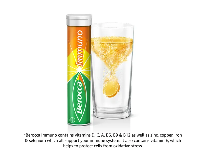 Berocca Immuno Effervescent Tablets 11 Vitamins and Minerals Including Vitamins D C A B9 Zinc and Iron to Help Support Your Immune System and B6 & B12 Support Energy Release 15 Tablets - Berocca Immuno