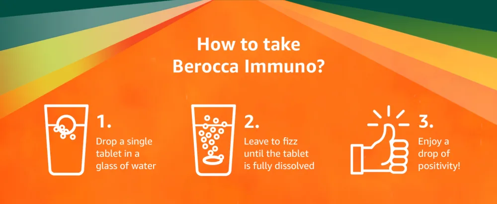 Berocca Immuno Effervescent Tablets 11 Vitamins and Minerals Including Vitamins D C A B9 Zinc and Iron to Help Support Your Immune System and B6 & B12 Support Energy Release 15 Tablets - Berocca Immuno