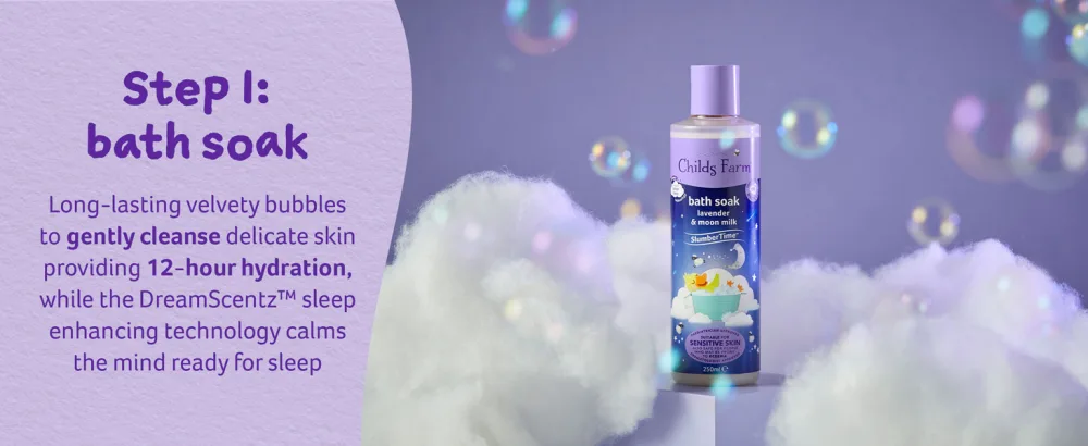 Childs Farm SlumberTime Sleep Mist Lavender and Moon Milk Suitable for Babies with Dry Sensitive and Eczema-prone Skin 100ml - Step 1: bath soak