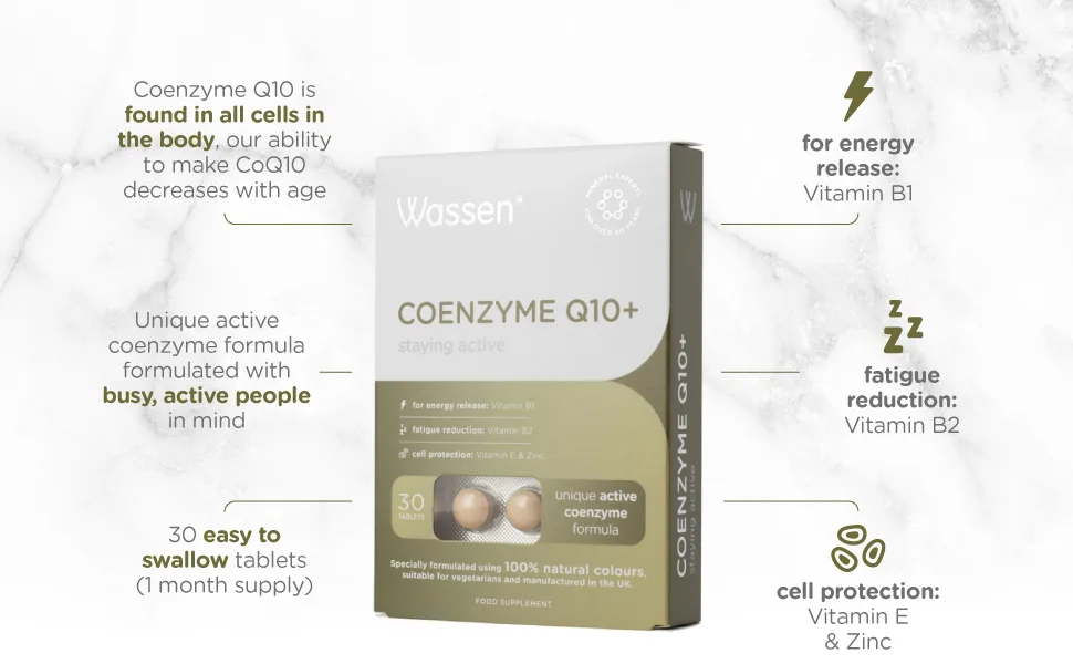 Wassen Coenzyme Q10 + Vitamin E - Active Coenzyme Formula - 30 Tablets - Wassen Co-Enzyme Q10