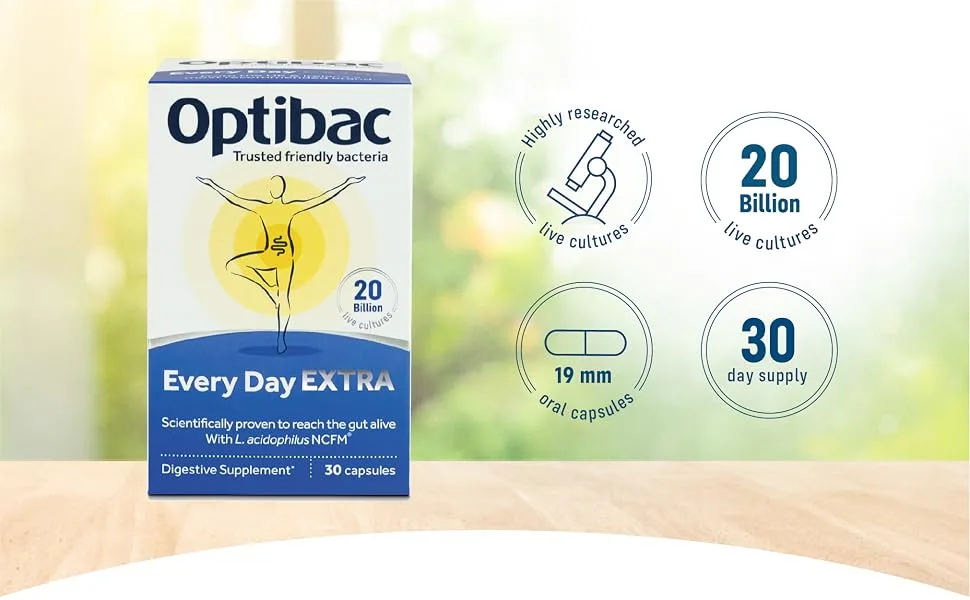 Optibac Probiotics Every Day Extra - High Strength Vegan Digestive Probiotic Supplement with 20 Billion Bacterial Cultures - 30 Capsules 30 Count (Pack of 1) - every day extra
