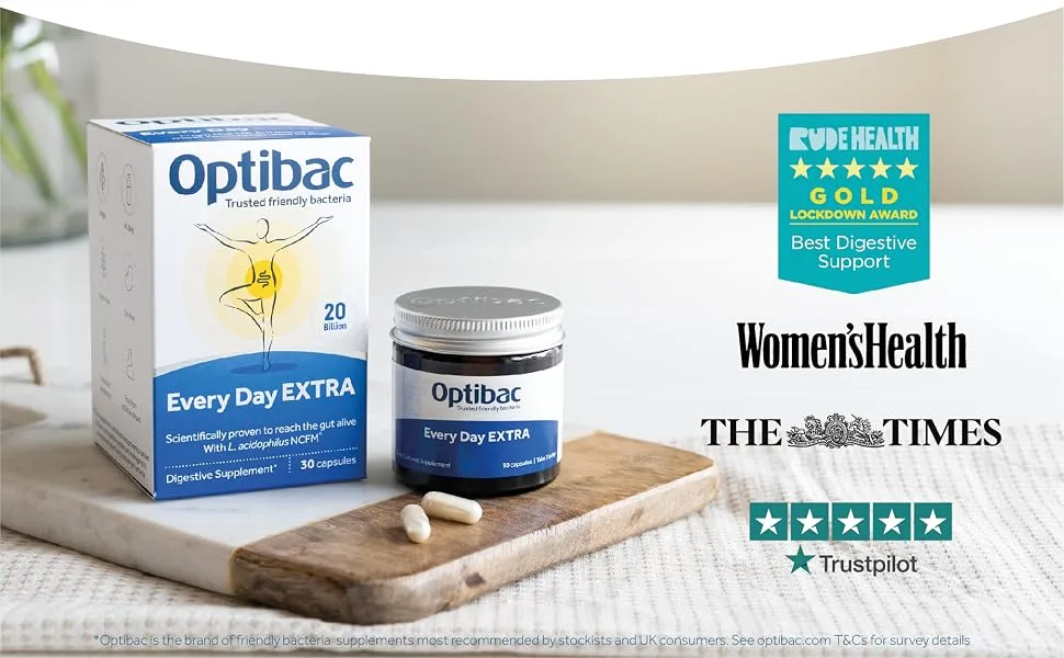 Optibac Probiotics Every Day Extra - High Strength Vegan Digestive Probiotic Supplement with 20 Billion Bacterial Cultures - 30 Capsules 30 Count (Pack of 1) - extra