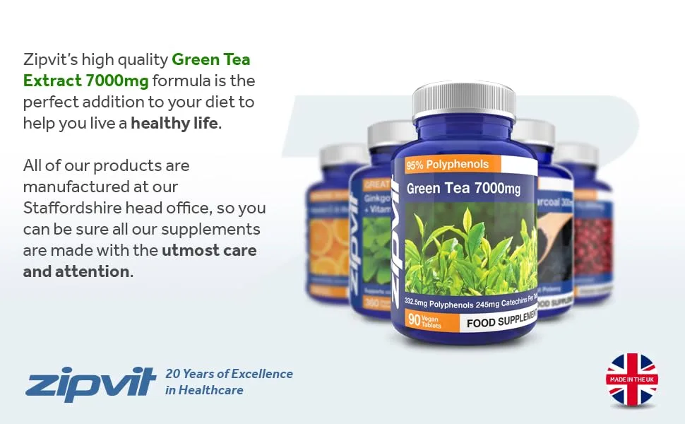 Green Tea Extract 7000mg Antioxidant 95% Polyphenols. 90 Vegan Green Tea Tablets. 3 Months Supply. - Zipvit