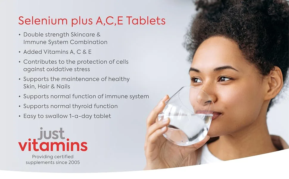 Selenium Supplement 200mcg Plus Vitamin A C E (x180 Tablets) - Max Strength Skin Hair Nail & Immune Support Complex for Men & Women. Vegan & Vegetarian Friendly. UK Made - selenium supplements 200mcg selinum iodine tablets complex ace 100mcg thyroid