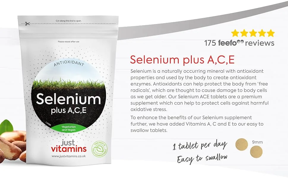 Selenium Supplement 200mcg Plus Vitamin A C E (x180 Tablets) - Max Strength Skin Hair Nail & Immune Support Complex for Men & Women. Vegan & Vegetarian Friendly. UK Made - selenium supplements 200mcg selinum iodine tablets complex ace 100mcg thyroid