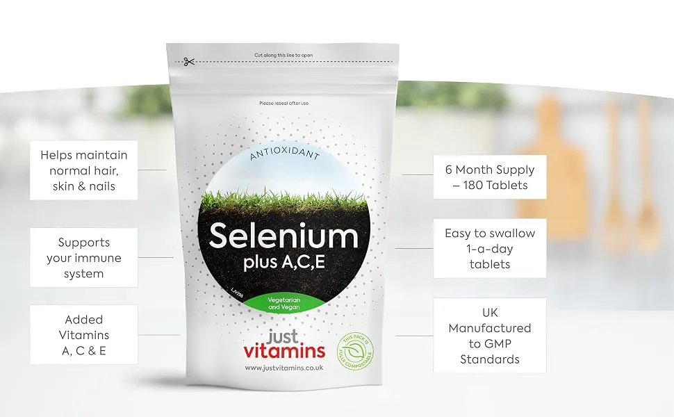 Selenium Supplement 200mcg Plus Vitamin A C E (x180 Tablets) - Max Strength Skin Hair Nail & Immune Support Complex for Men & Women. Vegan & Vegetarian Friendly. UK Made - selenium supplements 200mcg selinum iodine tablets complex ace 100mcg thyroid